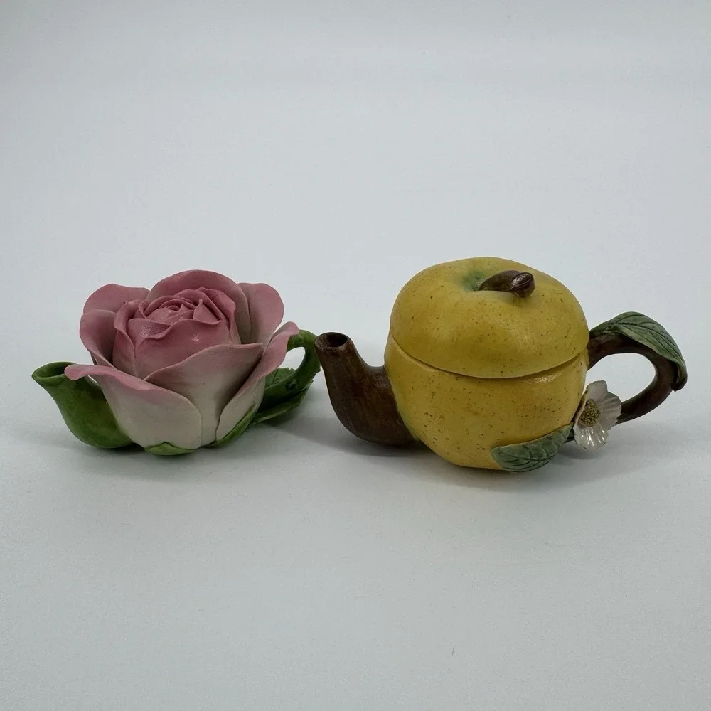Vintage Style Rose & Apple Teapot Set Miniature Floral Novelty Cottagecore Chic